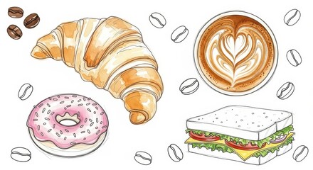 Delicious Breakfast Set - Croissant, Donut, Coffee, and Sandwich.