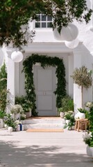 Fototapeta premium Bright and festive doorway adorned with a colorful birthday garland enhances the inviting atmosphere of the outdoor area, surrounded by lush plants and lights