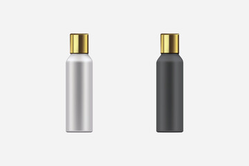Realistic lotion bottle mockup set with metallic caps. Ideal for skincare, shampoo, or cosmetic branding presentation.
