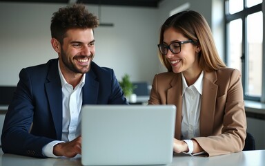 Obraz premium Its up to both of us to bring the results. Shot of a young businessman and businesswoman using a laptop in a modern office. High quality