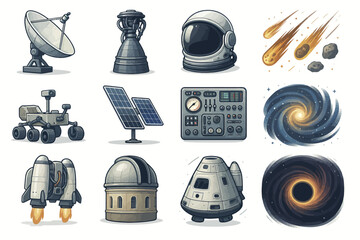 Space exploration icons: satellite dish, astronaut helmet, rocket, black hole, solar panel, meteor shower