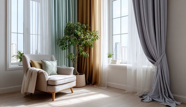 Bright and cozy living room corner with elegant armchair, layered curtains in soft neutral colors, and abundant natural sunlight.