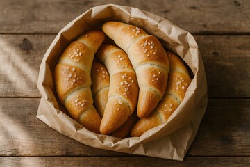 Salt bread rolls inside a brown paper bag placed on a wooden table.