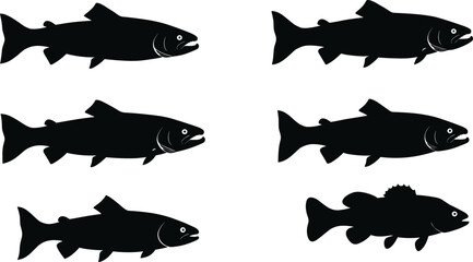 Black fish silhouettes collection, aquatic animal vector set, marine wildlife illustration, underwater species icons, fishing design, ocean nature graphic
