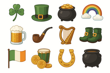 Irish symbols collection: shamrock, leprechaun hat, gold pot, rainbow, beer mug, harp, irish flag