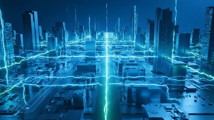 A futuristic cityscape bathed in blue light with electric arcs connecting buildings and energy streams rising upwards - Powered by Adobe