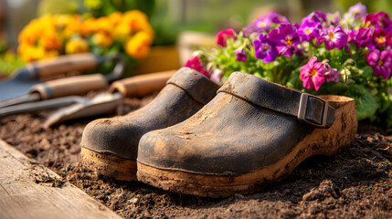 Gardening clogs resting on soil with flowers and tools