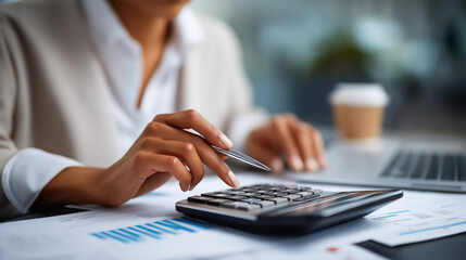 Accounting and bookkeeping: Professional using calculator with pen while analyzing office documents bookkeeping services payroll processing budget management tax preparation