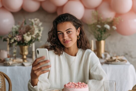 A woman with curly hair enjoys her birthday celebration, smiling and taking a selfie with her phone. The festive atmosphere features pink balloons and a decorated table with cake and flowers - Powered by Adobe