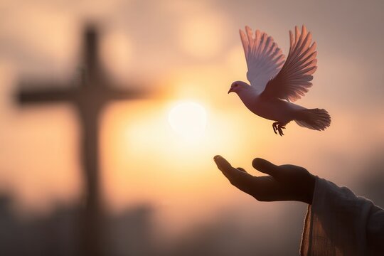 A dove flies over Jesus's hand, with a cross in the background