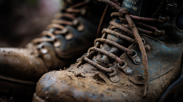 Hiking boots muddy laces, close-up with mud texture, natural light, outdoor survival theme
