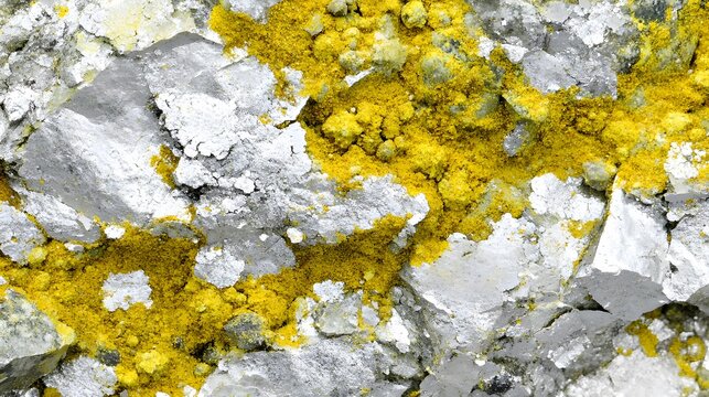 Macro image of rock formation with textured grey surface and yellow mineral deposits. - Powered by Adobe