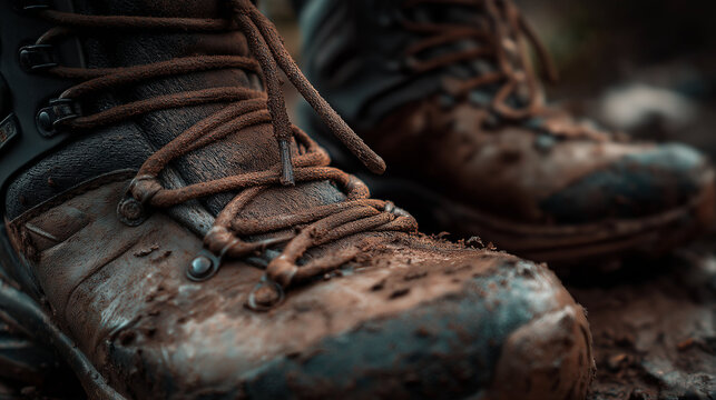 Hiking boots muddy laces, close-up with mud texture, natural light, outdoor survival theme