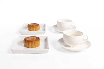 Traditional Mooncakes for Mid-Autumn Festival Celebration on White Background.