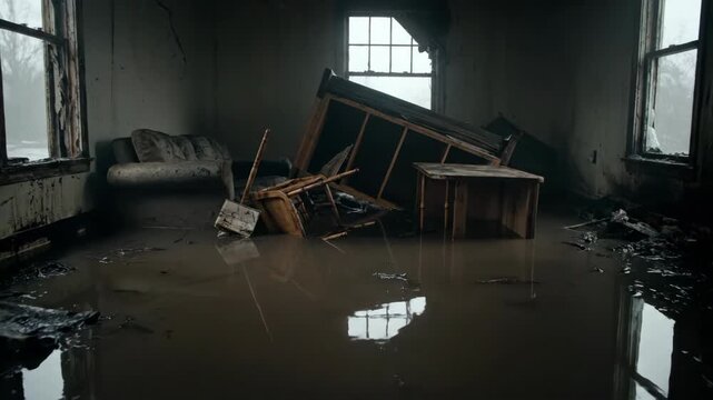 A haunting view reveals a forsaken room filled with debris and murky water. Shattered glass frames a scene of chaos and nature reclaiming the space.