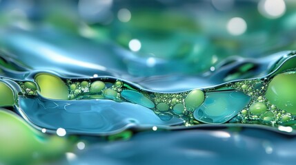 Abstract microscopic view of bacteria in fluid, glowing softly in shades of blue and green