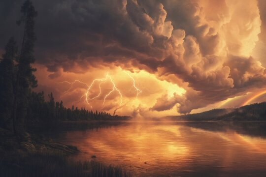Thunderstorm rolling over a lake with dramatic clouds, lightning flashes, forest, and a subtle rainbow in the distance