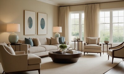 Fototapeta premium Elegant living room interior with soft neutral palette invites relaxation and conversation in this serene and stylish home sanctuary