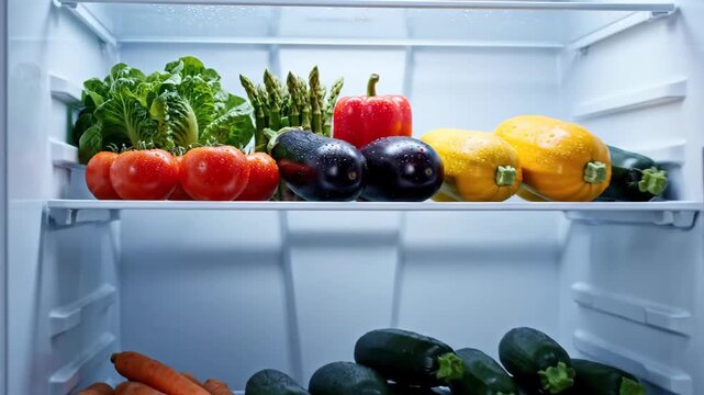 Fresh Vegetables in a Refrigerator Crisper Bin with Water Droplets