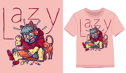 Tshirt Designs. Fat gamer busy playing games on ipad with his cat