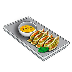 Japanese dumplings called gyoza serve on square plate with bowl of sauce for food illustration