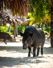 Wild Pig on Sandy Beach in Bahamas, Exuma Island.