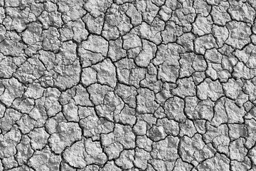 Close-up of a black and white image of a cracked, dry, and parched soil surface,Close up of crack soil, dry soil texture for background, Global worming effect.