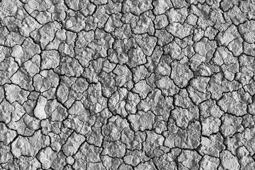 Close-up of a black and white image of a cracked, dry, and parched soil surface,Close up of crack soil, dry soil texture for background, Global worming effect.