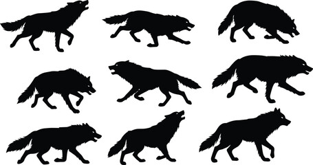 Black wolf silhouettes collection, wild animal vector design, walking wolves illustration, wildlife predator artwork, forest nature symbol, hunting canine graphic, realistic silhouette set
