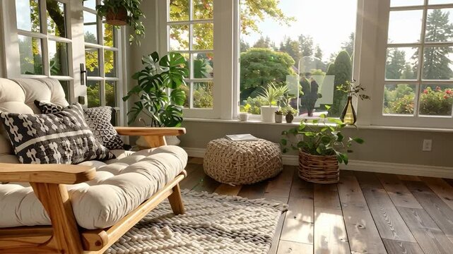 Serene Living Room: Bathed in natural light, a cozy living room invites relaxation, featuring a comfortable sofa, patterned cushions, and lush plants. A perfect retreat. 