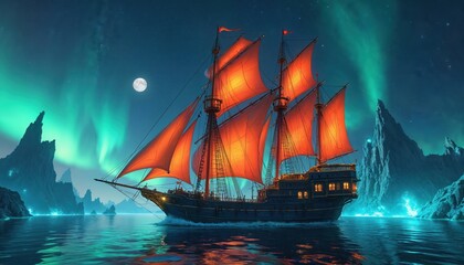 Classic ship sails on water at night under the moon. Pirate vessel sails near icy rocks with light trails and northern lights in the sky near stars. Adventure awaits.