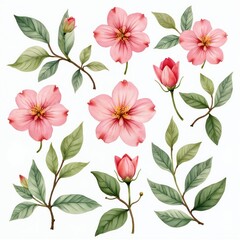Pink watercolor flowers with yellow centers, green leaves, various closed buds scattered in decorative pattern. Botanical illustration displays fresh spring blossoms, delicate foliage. Vibrant