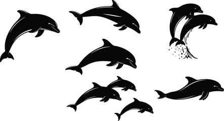 Fototapeta premium Black dolphin silhouette illustrations, marine animal vector design, ocean wildlife jumping, swimming group artwork, sea life graphic art, aquatic mammal drawing