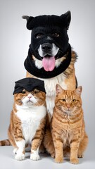 Obraz premium Funny Dog and Cats Wearing Masks in Studio Portrait