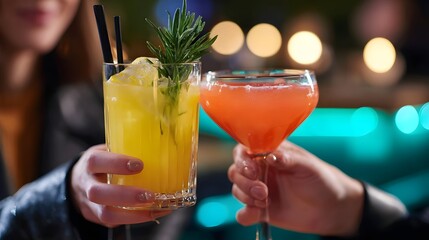 Two people holding colorful cocktail drinks in a dimly lit, neon-lit bar or restaurant setting, creating a celebratory and lively atmosphere