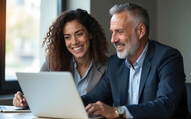 Obraz premium Business team of two executives working together using laptop in office. Happy young business woman manager showing project presentation to mature man client, investor or partner at work meeting.