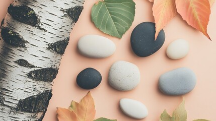 Minimalist flat lay with birch bark, smooth pebbles, autumn leaves arrangement