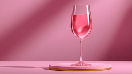 A delicate crystal wine glass filled with a vibrant pink wine, set against a soft, blush-toned backdrop, creating a sophisticated and refined atmosphere.