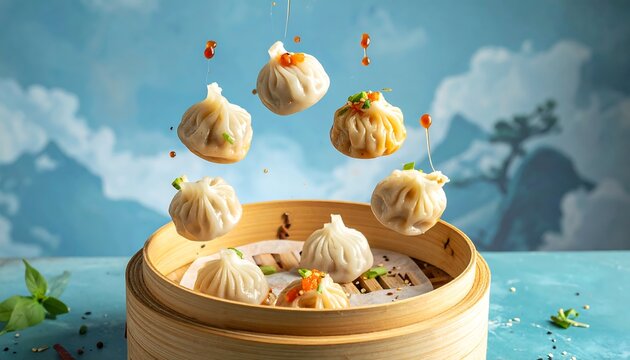 Creative food photography of steamed dim sum dumplings flying with dipping sauces - Powered by Adobe