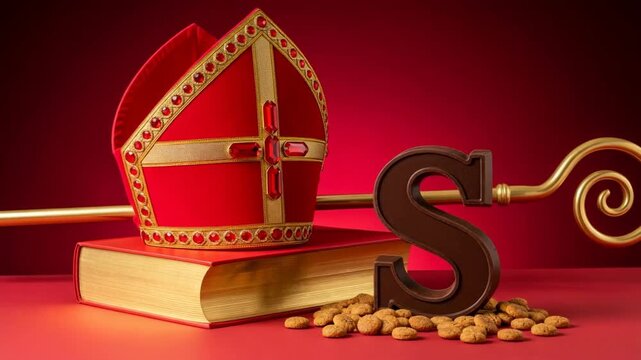 Red sinterklaas hat Mitre, decorative staff, large chocolate letter S, surrounded by traditional spiced cookies, festive attire and dutch holiday spirit. traditional Saint Nicolas day five december