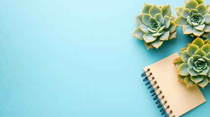 Succulents and notepad on turquoise background, nature writing space flat lay