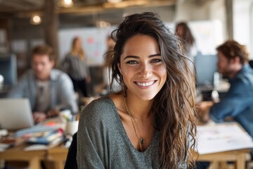 Attractive woman enjoying her job at computer in contemporary office interior