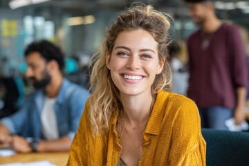 Casual business meeting with happy woman sharing ideas in bright office room