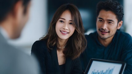 Asian couple engaged in a business meeting with a financial advisor reviewing data on a tablet