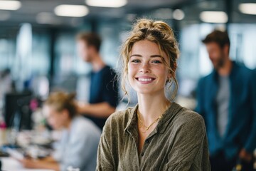 Smiling woman working in a casual modern office environment surrounded by colleagues collaborating on laptops and documents