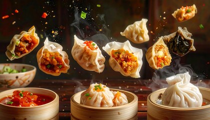 Flying assorted half-bite dimsum with fillings revealed, dipping sauces floating