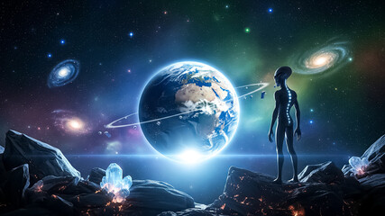 Exclusive digital artwork of an alien observing Earth from orbit, showcasing galaxy formations with professional sci-fi rendering.