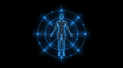 Abstract Human Body Wireframe Illustration for Science Technology and Future Concepts with Neon Blue Glow