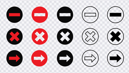 Red and black outline flat icon set collection featuring essential arrow and cross symbols.Vector illustration.