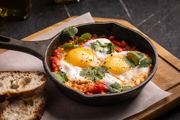 Shakshuka with poached eggs and vegetables served in skillet with bread